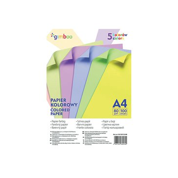 Papíry barevné A4, 80g, 100ks, 5 barev, Mix barev